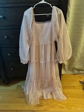 Pink Mesh Tiered Long Sleeve Maternity Maxi Dress - PinkBlush